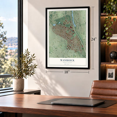 Wanskuck, Rhode Island map, 18 x 24 inch print in a black frame in a home office