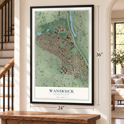 Wanskuck, Rhode Island map, 24 x 36 inch print in a black frame by a staircase