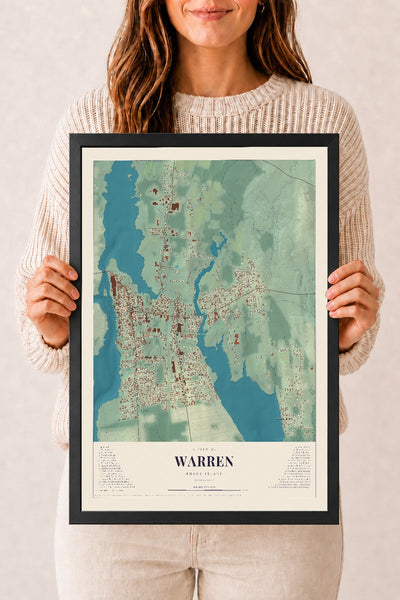 Warren, Rhode Island map print, 12" x 18" W/ Black Ayous Wood Frame mockup