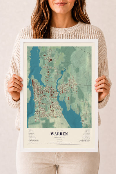 Warren, Rhode Island map print, 12" x 18" W/ White Ayous Wood Frame mockup