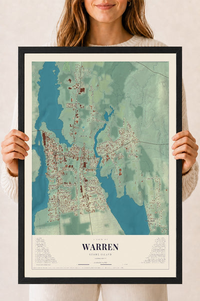 Warren, Rhode Island map print, 18" x 24" W/ Black Ayous Wood Frame mockup