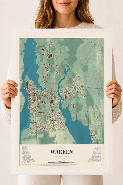 Warren, Rhode Island map print, 18" x 24" W/ White Ayous Wood Frame mockup