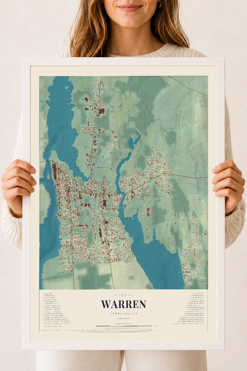 Warren, Rhode Island map print, 18" x 24" W/ White Ayous Wood Frame mockup