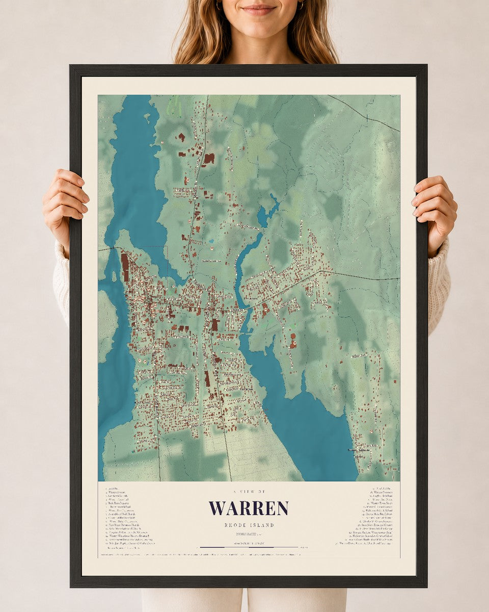 Warren, Rhode Island map print, 24" x 36" W/ Black Ayous Wood Frame mockup