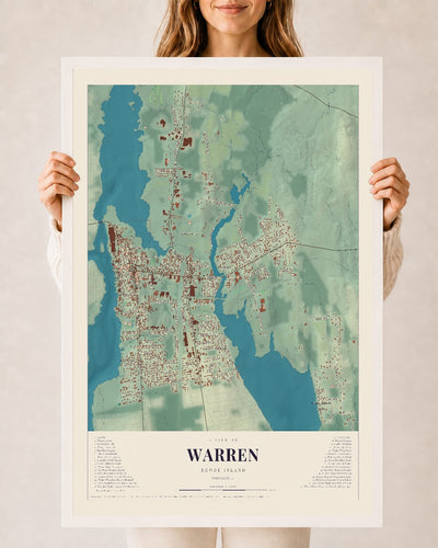 Warren, Rhode Island map print, 24" x 36" W/ White Ayous Wood Frame mockup