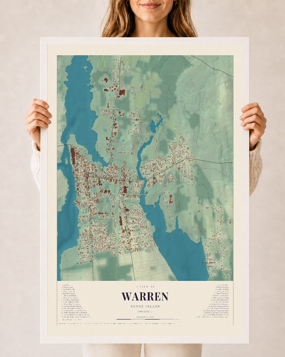 Warren, Rhode Island map print, 24" x 36" W/ White Ayous Wood Frame mockup