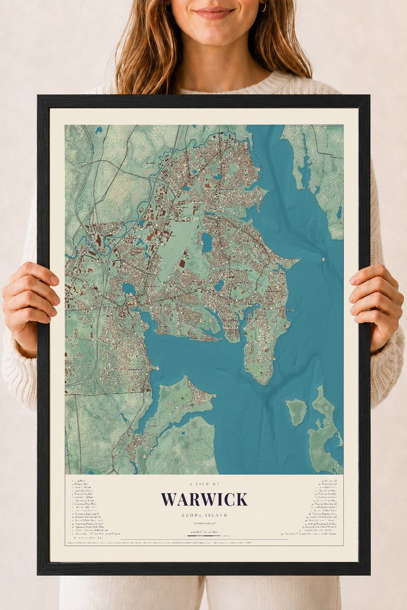Warwick, Rhode Island map print, 18" x 24" W/ Black Ayous Wood Frame mockup