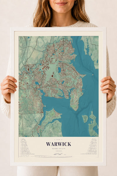 Warwick, Rhode Island map print, 18" x 24" W/ White Ayous Wood Frame mockup