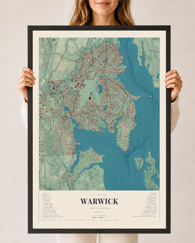 Warwick, Rhode Island map print, 24" x 36" W/ Black Ayous Wood Frame mockup