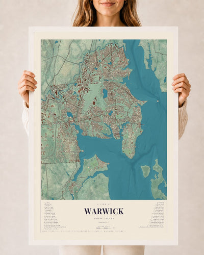 Warwick, Rhode Island map print, 24" x 36" W/ White Ayous Wood Frame mockup