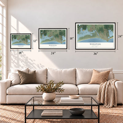Weekapaug, Rhode Island map in 12 x 18, 18 x 24 and 24 x 36 inch sizes above a sofa