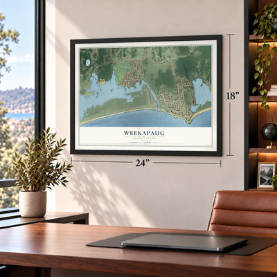 Weekapaug, Rhode Island map, 18 x 24 inch print in a black frame in a home office