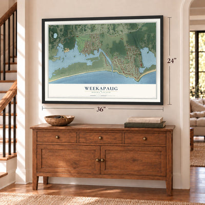 Weekapaug, Rhode Island map, 24 x 36 inch print in a black frame above a dresser by a staircase