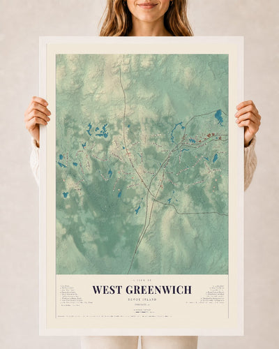 West Greenwich, Rhode Island map print, 24" x 36" W/ White Ayous Wood Frame mockup