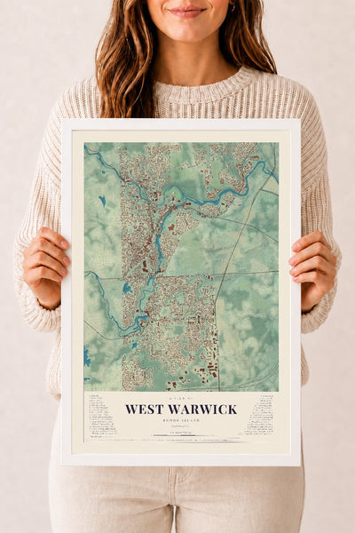 West Warwick, Rhode Island map print, 12" x 18" W/ White Ayous Wood Frame mockup