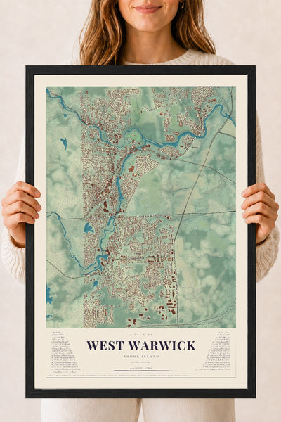 West Warwick, Rhode Island map print, 18" x 24" W/ Black Ayous Wood Frame mockup