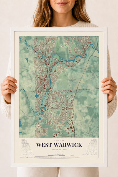 West Warwick, Rhode Island map print, 18" x 24" W/ White Ayous Wood Frame mockup