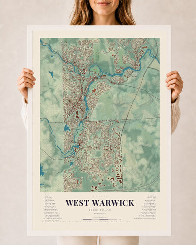 West Warwick, Rhode Island map print, 24" x 36" W/ White Ayous Wood Frame mockup
