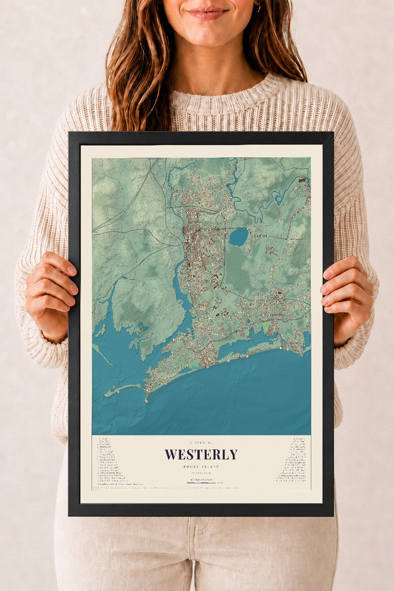 Westerly, Rhode Island map print, 12" x 18" W/ Black Ayous Wood Frame mockup