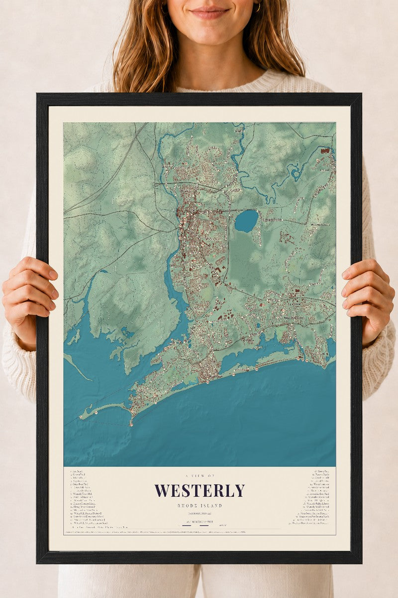 Westerly, Rhode Island map print, 18" x 24" W/ Black Ayous Wood Frame mockup