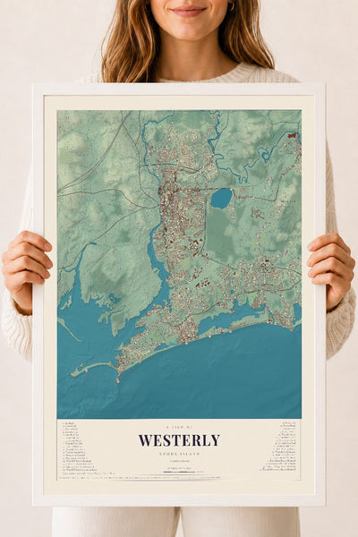 Westerly, Rhode Island map print, 18" x 24" W/ White Ayous Wood Frame mockup