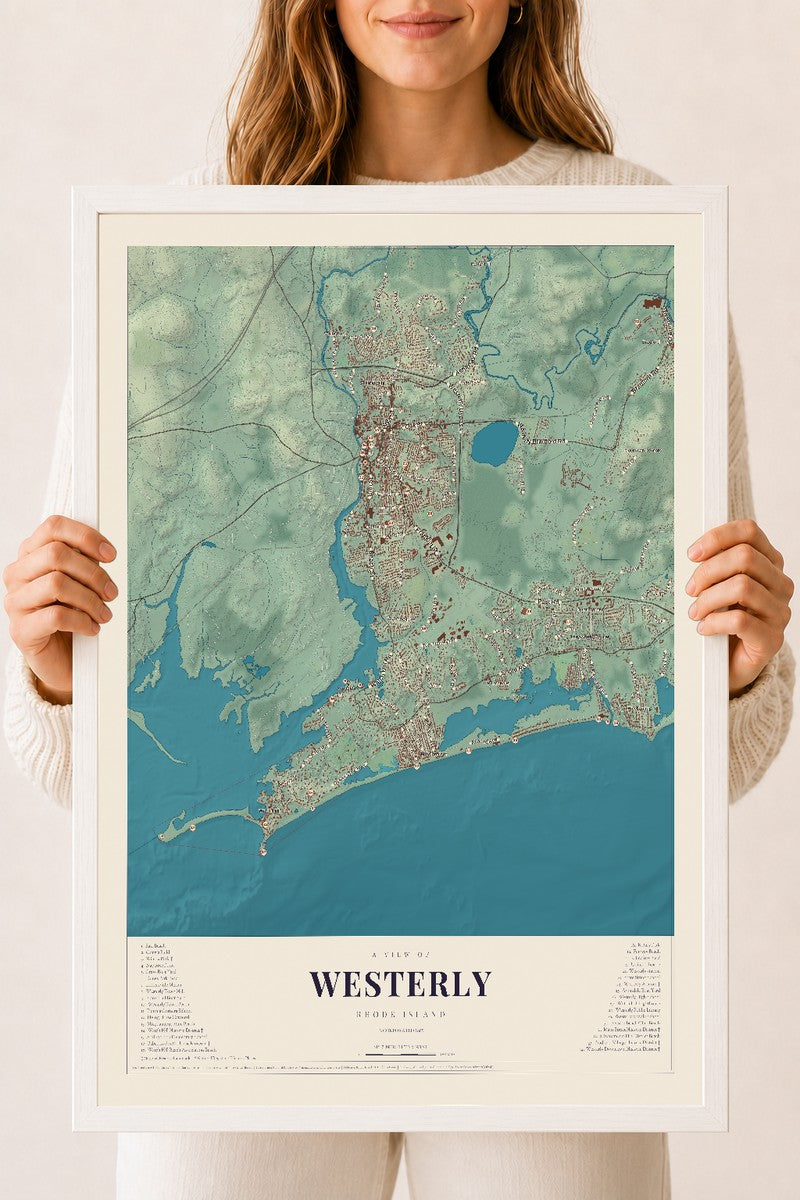 Westerly, Rhode Island map print, 18" x 24" W/ White Ayous Wood Frame mockup