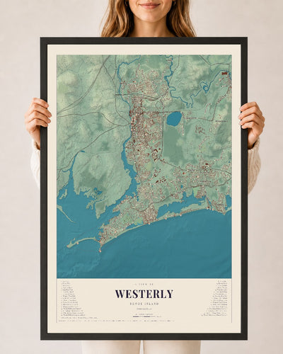 Westerly, Rhode Island map print, 24" x 36" W/ Black Ayous Wood Frame mockup