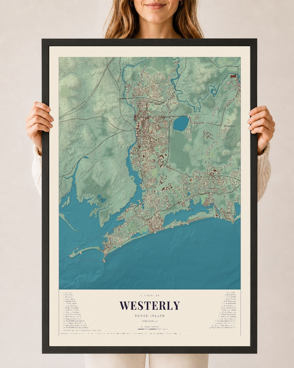 Westerly, Rhode Island map print, 24" x 36" W/ Black Ayous Wood Frame mockup