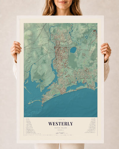 Westerly, Rhode Island map print, 24" x 36" W/ White Ayous Wood Frame mockup