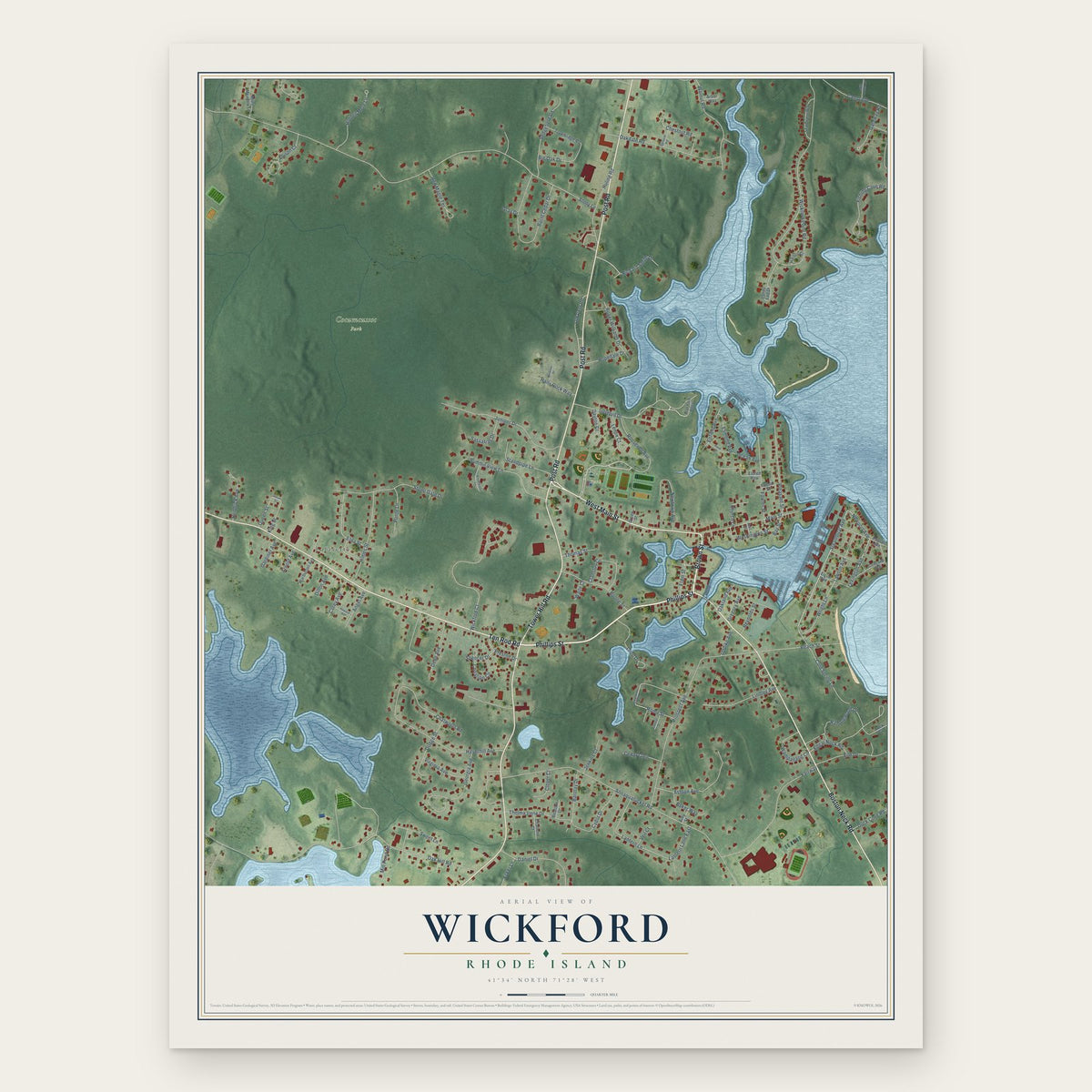 Wickford, Rhode Island map print, the full design