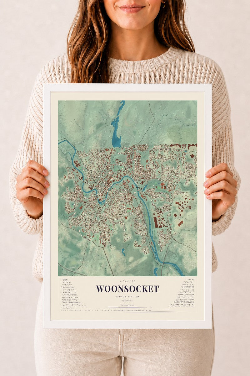 Woonsocket, Rhode Island map print, 12" x 18" W/ White Ayous Wood Frame mockup