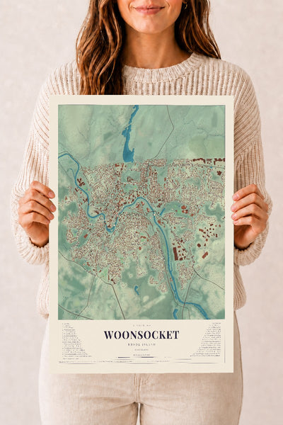 Woonsocket, Rhode Island map print, 12" x 18" Archival Matte Print mockup