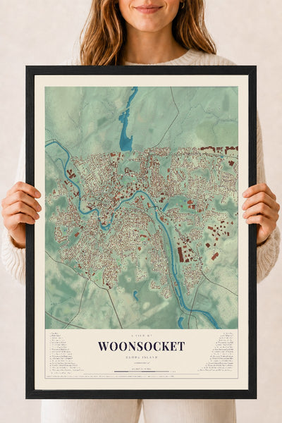Woonsocket, Rhode Island map print, 18" x 24" W/ Black Ayous Wood Frame mockup