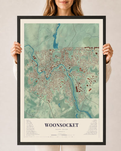 Woonsocket, Rhode Island map print, 24" x 36" W/ Black Ayous Wood Frame mockup