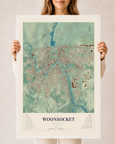 Woonsocket, Rhode Island map print, 24" x 36" W/ White Ayous Wood Frame mockup