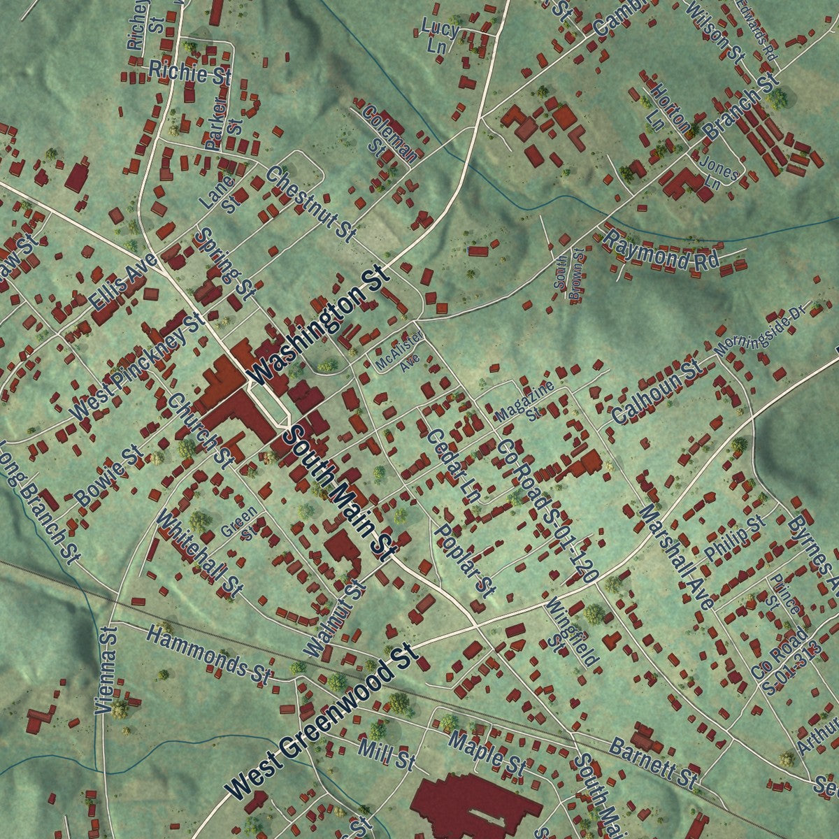 Close-up of the map of Abbeville, South Carolina print showing street and building detail