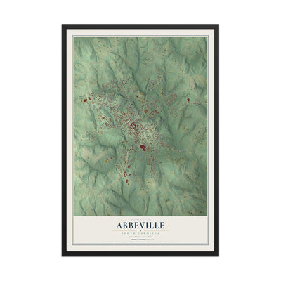 Map of Abbeville, South Carolina, 12 x 18 inch print in a black wood frame