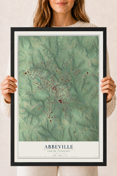 Map of Abbeville, South Carolina, 18 x 24 inch print in a black wood frame