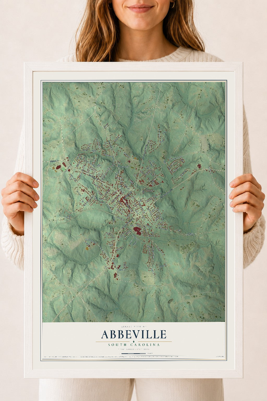 Map of Abbeville, South Carolina, 18 x 24 inch print in a white wood frame