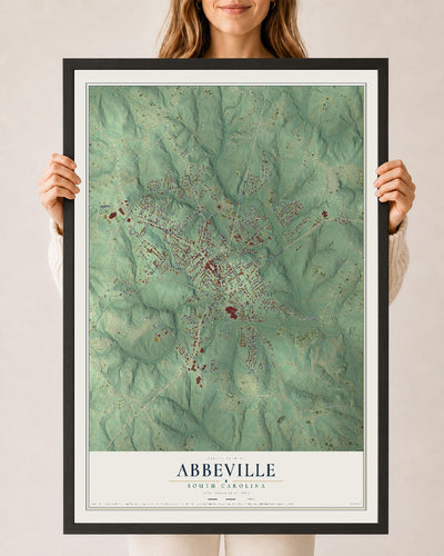 Map of Abbeville, South Carolina, 24 x 36 inch print in a black wood frame
