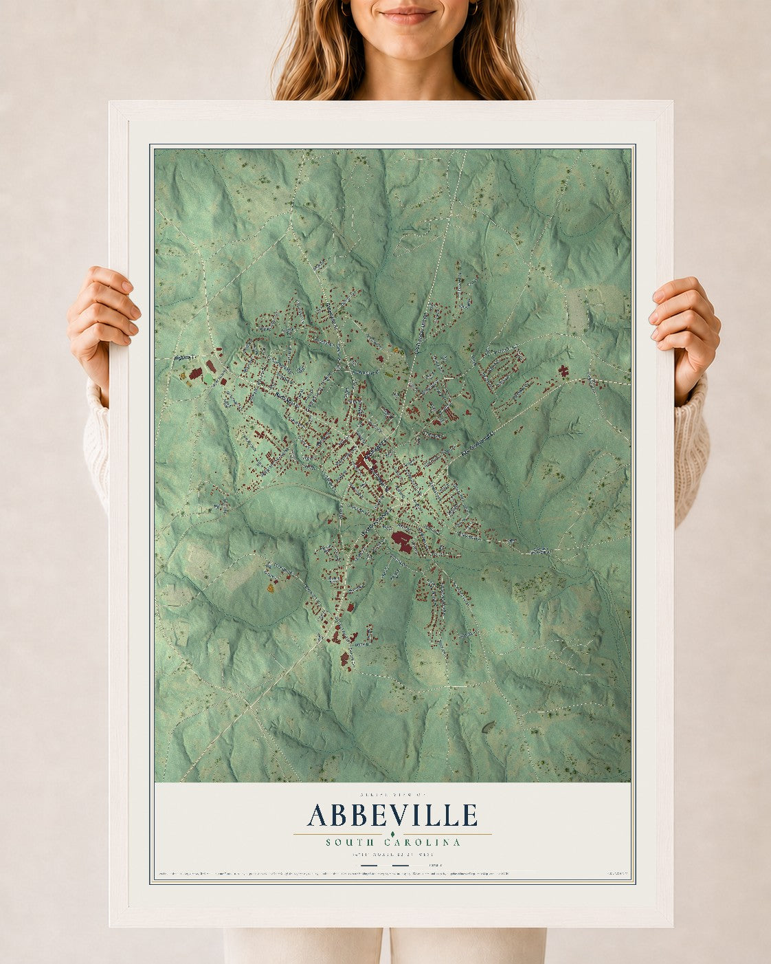 Map of Abbeville, South Carolina, 24 x 36 inch print in a white wood frame