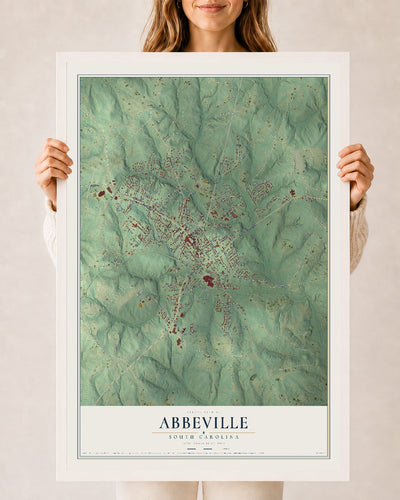Map of Abbeville, South Carolina, 24 x 36 inch print in a white wood frame
