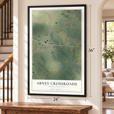 Abney Crossroads, South Carolina map, 24 x 36 inch print in a black frame by a staircase