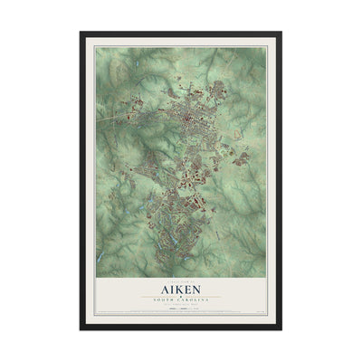 Map of Aiken, South Carolina, 12 x 18 inch print in a black wood frame