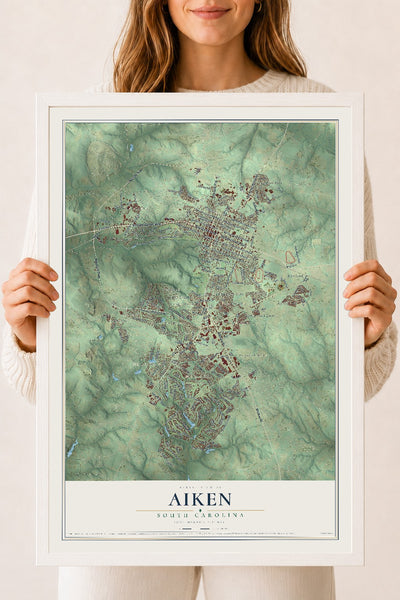 Map of Aiken, South Carolina, 18 x 24 inch print in a white wood frame