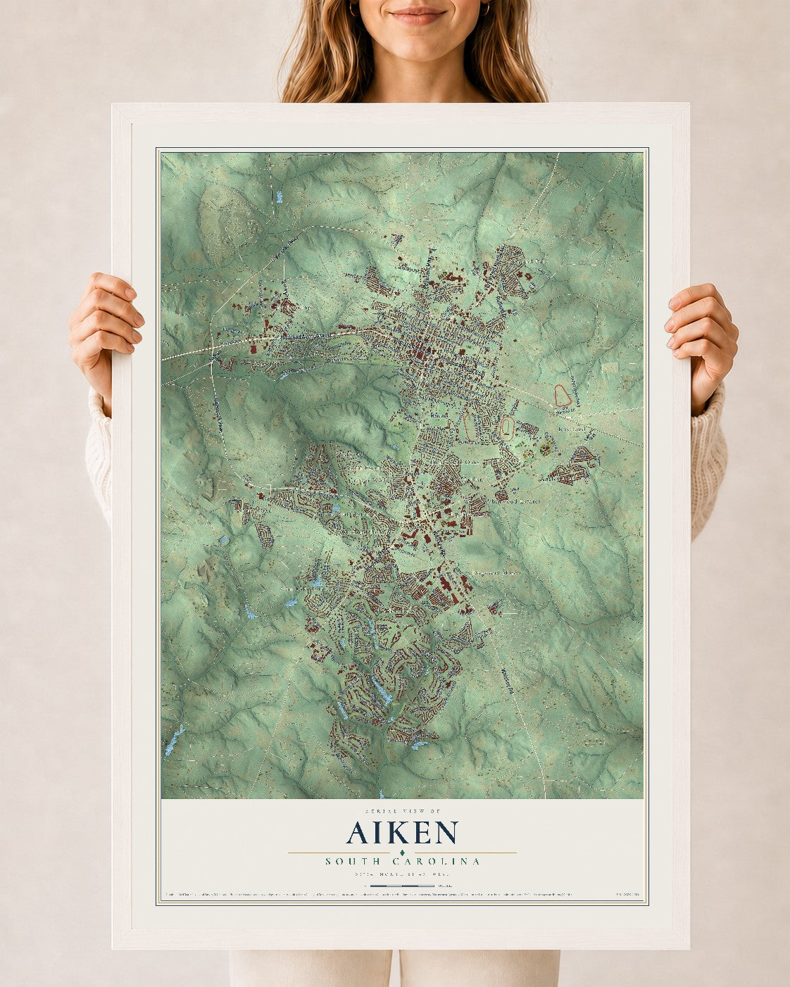 Map of Aiken, South Carolina, 24 x 36 inch print in a white wood frame