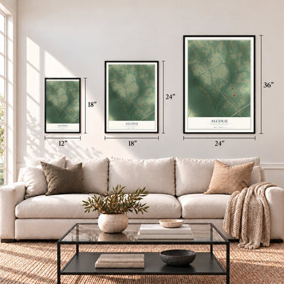 Alcolu, South Carolina map in 12 x 18, 18 x 24 and 24 x 36 inch sizes above a sofa