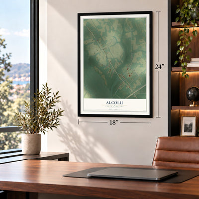 Alcolu, South Carolina map, 18 x 24 inch print in a black frame in a home office