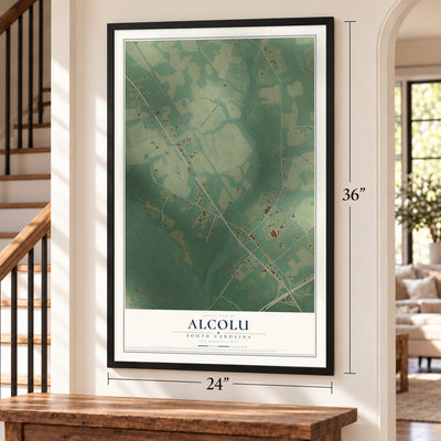 Alcolu, South Carolina map, 24 x 36 inch print in a black frame by a staircase