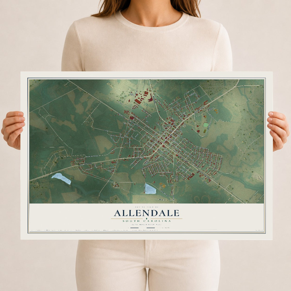 Map of Allendale, South Carolina, 12 x 18 inch unframed archival matte print
